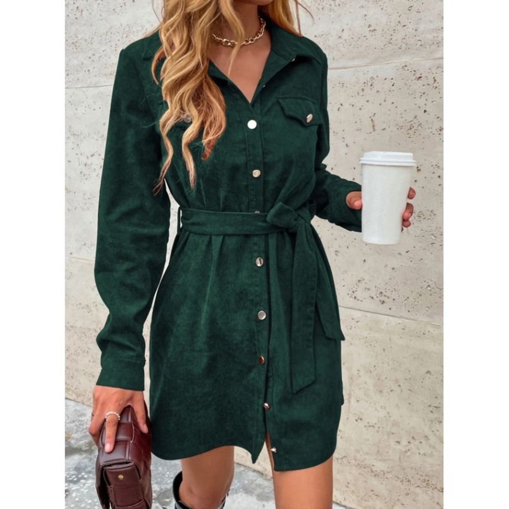 Corduroy Shirt Dress Dark Green Belted Fall Casual Retro Chic Career 4/S